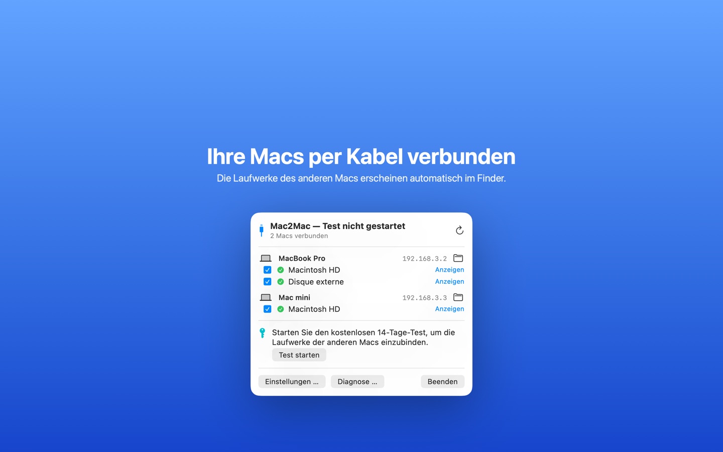 Mac2Mac-Panel mit zwei verbundenen Macs und ihren eingebundenen Laufwerken
