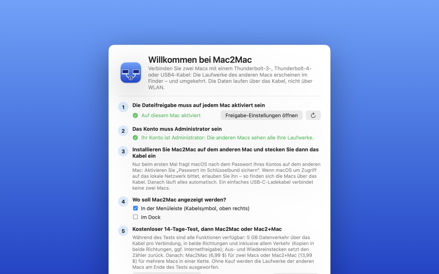 Willkommensfenster von Mac2Mac prüft Dateifreigabe und Konto