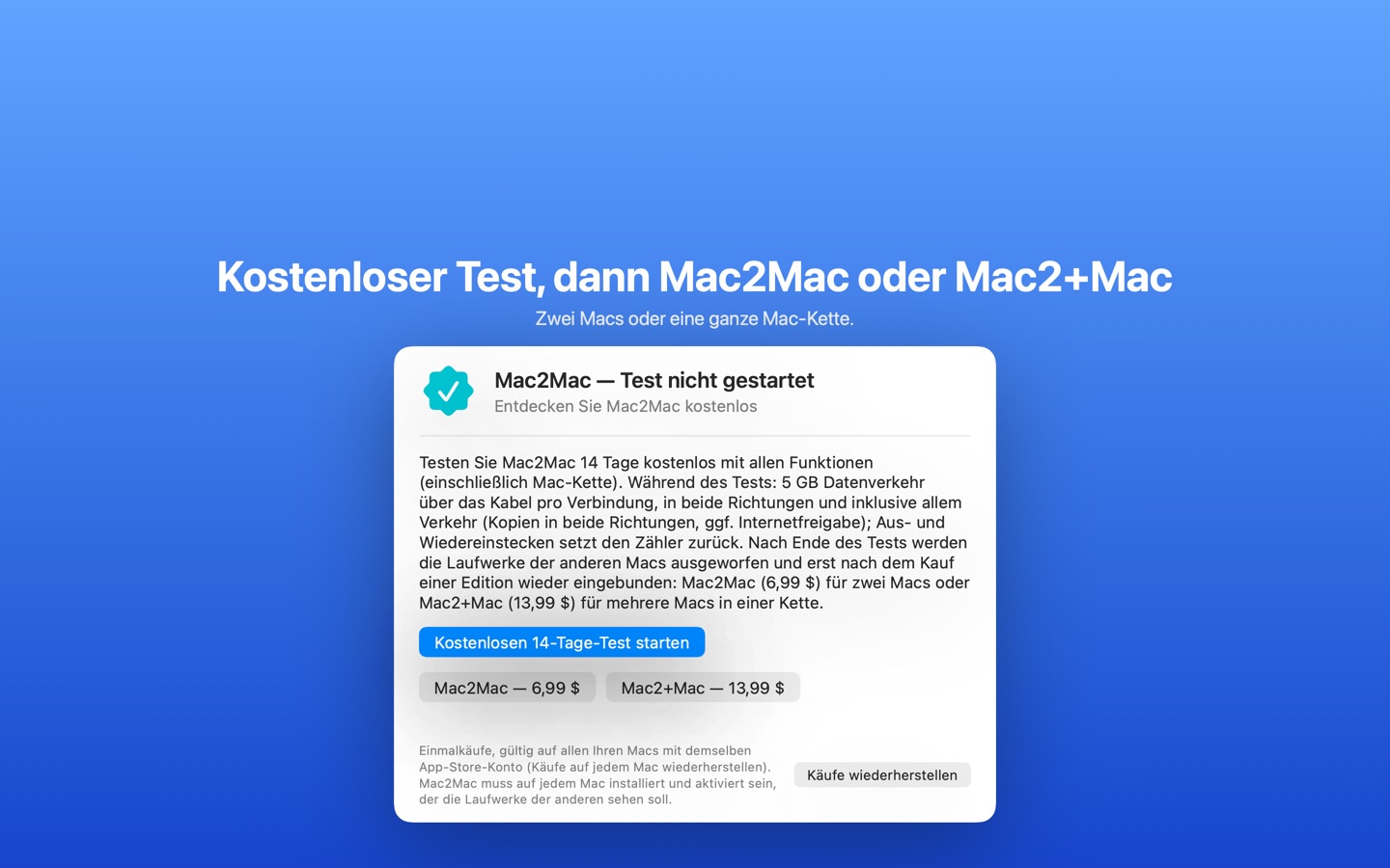 Lizenz-Tab von Mac2Mac: kostenloser Test, Editionen Mac2Mac und Mac2+Mac